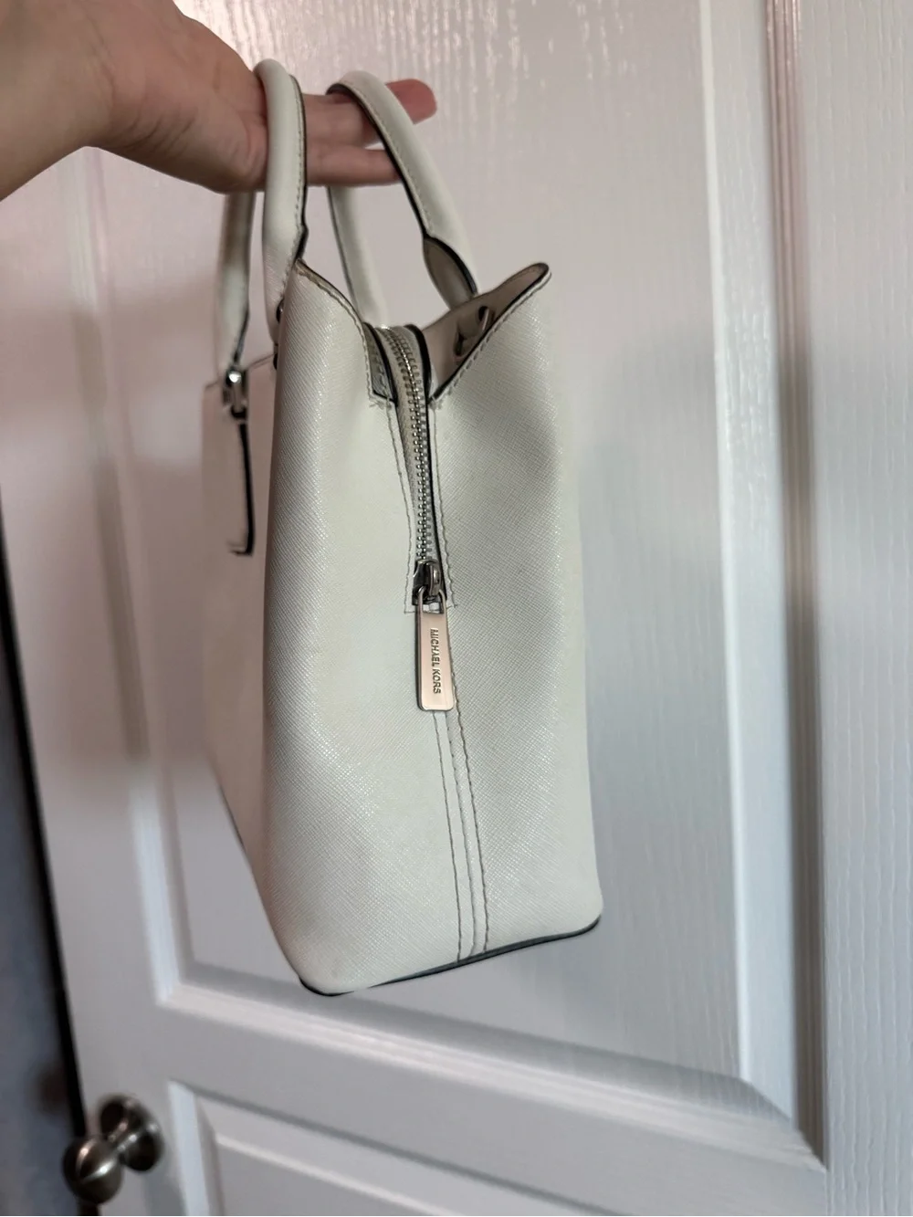 Michael Kors Cream/White Saffiano Leather Satchel with Logo Charm